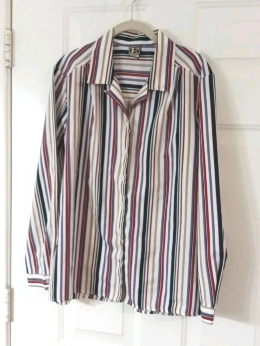 Vtg E Street Womens XL Button Front Blouse Multicolor Striped Long Sleeve 80s